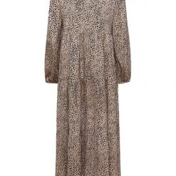 Ivy + Jack Gigi Tan Mini Satin Leopard Blouson LS Tiered Maxi Dress