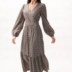 Among The Brave Fashion Ocean Black Ditsy Floral LS Balloon Sleeve Wrap Tiered Midi Dress