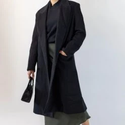 Federation Fashion Sliced Double Breasted Long Black Wool Coat