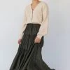 Among The Brave Sensational Dark Khaki Tiered Satin Tie Waist Maxi Skirt