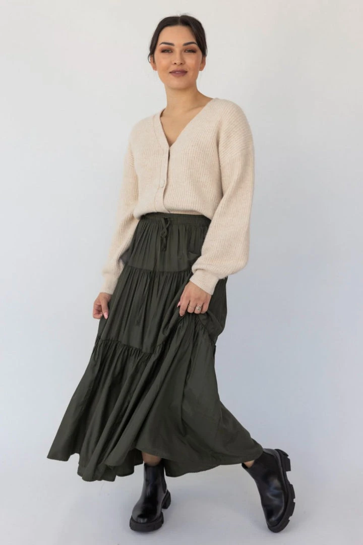 Among The Brave Sensational Dark Khaki Tiered Satin Tie Waist Maxi Skirt 3 Among The Brave Sensational Dark Khaki Tiered Satin Tie Waist Maxi Skirt