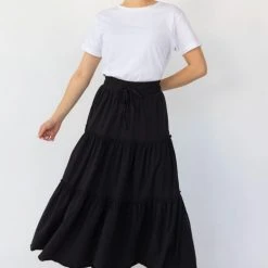 Among The Brave Fashion Tamara Black Tie Waist Tiered Jersey Midi Skirt