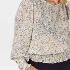 Among The Brave Fashion Pure Ivory Ditsy Botanic LS Georgette Puff Sleeve Shirred Hem Top