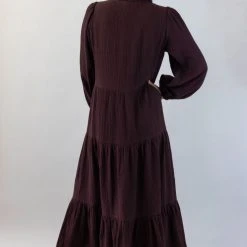 Ivy + Jack Remi Raisin Cotton LS Frill V Neck Maxi Shirt Dress Fashion