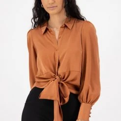 Among The Brave Victory Copper Satin Tie Front Puff Sleeve Shirt Fashion