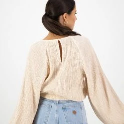 Ivy + Jack Fashion Carly Ecru Shirred LS Raglan Elastic Hem Crop Top