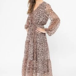 Seeking Lola Fashion Santa Maria Rust Leopard LS Tiered Midi Dress