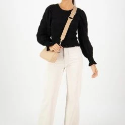 Ivy + Jack Fashion Lila Black Shirred Cotton LS Shirred Bodice Top