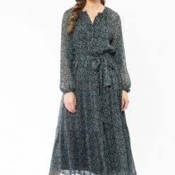 Billie The Label Admiration Blue Floral Textured LS Tie Waist Midi Dress
