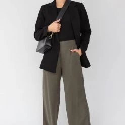 Among The Brave Effortless Khaki Viscose Deep Band Wide Leg Pant Fashion