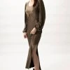 Among The Brave New Moon Gold Shimmer LS Puff Sleeve Ring Midi Dress Fashion