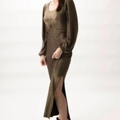 Among The Brave New Moon Gold Shimmer LS Puff Sleeve Ring Midi Dress Fashion
