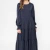 Seeking Lola Fashion Day Dream Navy Satin LS Tiered Midi Dress