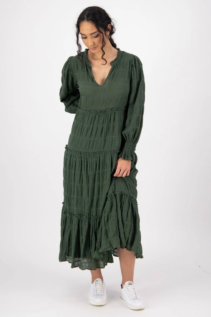 Ivy + Jack Fashion Jessie Hunter Green Shirred Cotton LS Tiered Midi Dress 3 Ivy + Jack Fashion Jessie Hunter Green Shirred Cotton LS Tiered Midi Dress