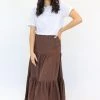 Among The Brave Fashion Blazing Chocolate Tiered Linen Midi Skirt