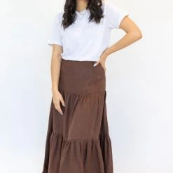 Among The Brave Fashion Blazing Chocolate Tiered Linen Midi Skirt