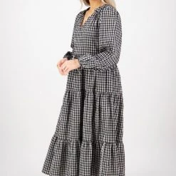 Ivy + Jack Fashion Kendall Black Check Blouson LS V Neck Tiered Midi Dress