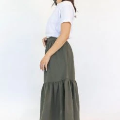 Ivy + Jack Hope Khaki Linen Tiered Midi Skirt