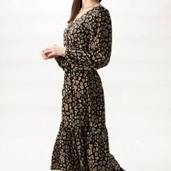 Among The Brave Twilight Black Animal LS Tiered Maxi Dress Fashion