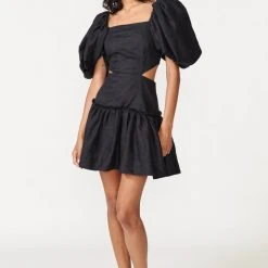 Aureta Ada Black Balloon Sleeve Cut Out Waist Dress