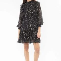 Seeking Lola Fashion Wondrous Black Glitter LS High Neck Frill Smock Dress