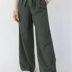 Among The Brave Galaxy Khaki Paper Bag Tie Waist Wide Leg Linen Pant Fashion