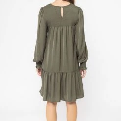 Billie The Label Hug Me Khaki Satin Shirred LS Mini Dress