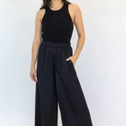 Among The Brave Super Luxe Black Elastic Waist Wide Leg Satin Pant Fashion