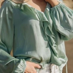 Among The Brave Elena Sage Ruffle Front Tie Neck LS Ruffle Sleeve Top Fashion