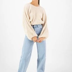 Ivy + Jack Fashion Carly Ecru Shirred LS Raglan Elastic Hem Crop Top