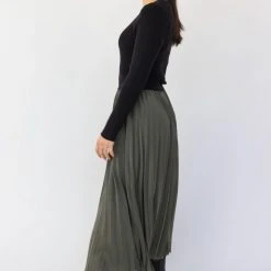 Ivy + Jack Fashion Radiant Khaki Washer Satin Pleated Midi Skirt
