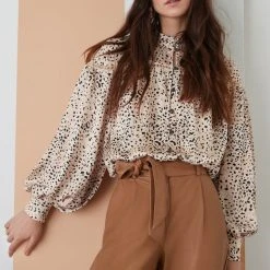Esmaee Fashion Quartz Ivory Ditsy Leopard Satin Button Front LS Blouse