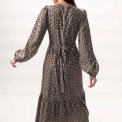 Among The Brave Fashion Ocean Black Ditsy Floral LS Balloon Sleeve Wrap Tiered Midi Dress