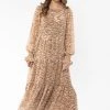 Seeking Lola Fashion Mia Caramel Leaves Blouson Sleeve Tiered Maxi Dress