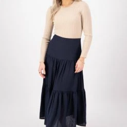 Among The Brave Blazing Navy Tiered Linen Midi Skirt Fashion