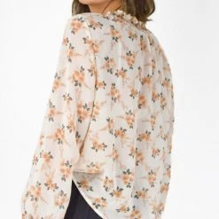 Among The Brave Fashion Surreal Peach Floral LS Shirred Puff Sleeve High Neck Top