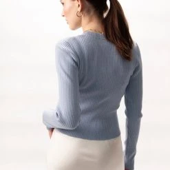 Among The Brave Inspired Soft Blue LS Rib Knit Cropped Crew Neck Top