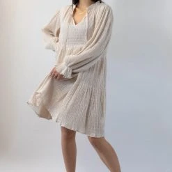 Ivy + Jack Billie Ecru Shirred LS Frill V Neck Tiered Mini Dress