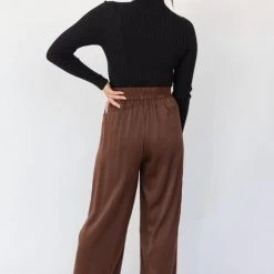 Among The Brave Fashion Passion Chocolate Satin Flat Front Stretch Back Wide Leg Pant