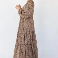 Ivy + Jack Gigi Tan Mini Satin Leopard Blouson LS Tiered Maxi Dress