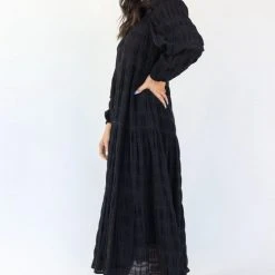 Ivy + Jack Fashion Gigi Black Shirred Cotton Blouson LS Tiered Maxi Dress
