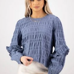 Among The Brave Izzy Ocean LS Ruffle Sleeve Cotton Textured Top Fashion