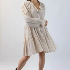 Ivy + Jack Billie Ecru Shirred LS Frill V Neck Tiered Mini Dress