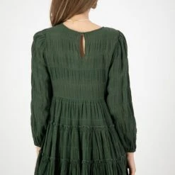 Ivy + Jack Fashion Luca Hunter Green Shirred Cotton LS Tiered Smock Dress