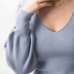 Among The Brave Home Coming Soft Blue Tie Back V Neck Balloon Sleeve Knit Top