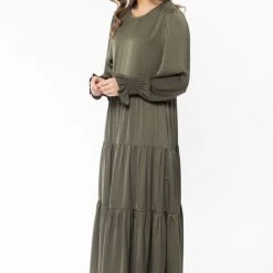Seeking Lola Fashion Mia Khaki Satin Blouson Sleeve Tiered Maxi Dress