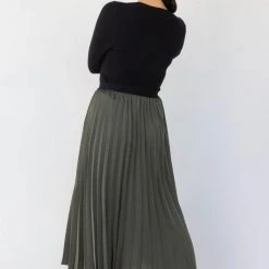 Ivy + Jack Fashion Radiant Khaki Washer Satin Pleated Midi Skirt