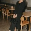 Among The Brave New Moon Black Shimmer LS Puff Sleeve Ring Midi Dress