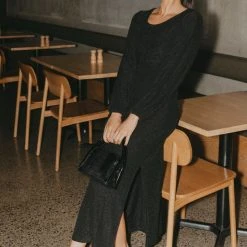Among The Brave New Moon Black Shimmer LS Puff Sleeve Ring Midi Dress