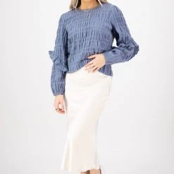 Among The Brave Izzy Ocean LS Ruffle Sleeve Cotton Textured Top Fashion